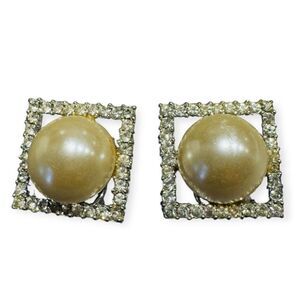 Vintage Crystal & Pearl Square Clip On Earrings